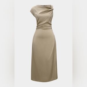 Satin Ruched Asymmetrical Twist Knot Midi Dress - Micas